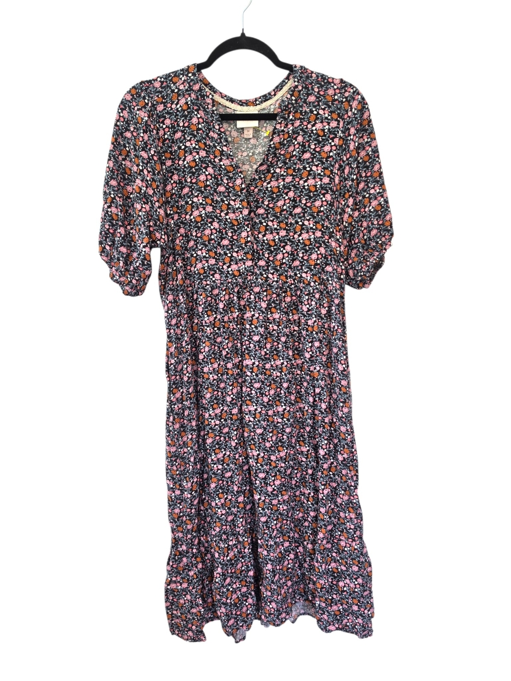 Knox Rose Floral Tiered Midi Dress Black Pink Rayon Pockets Size Medium